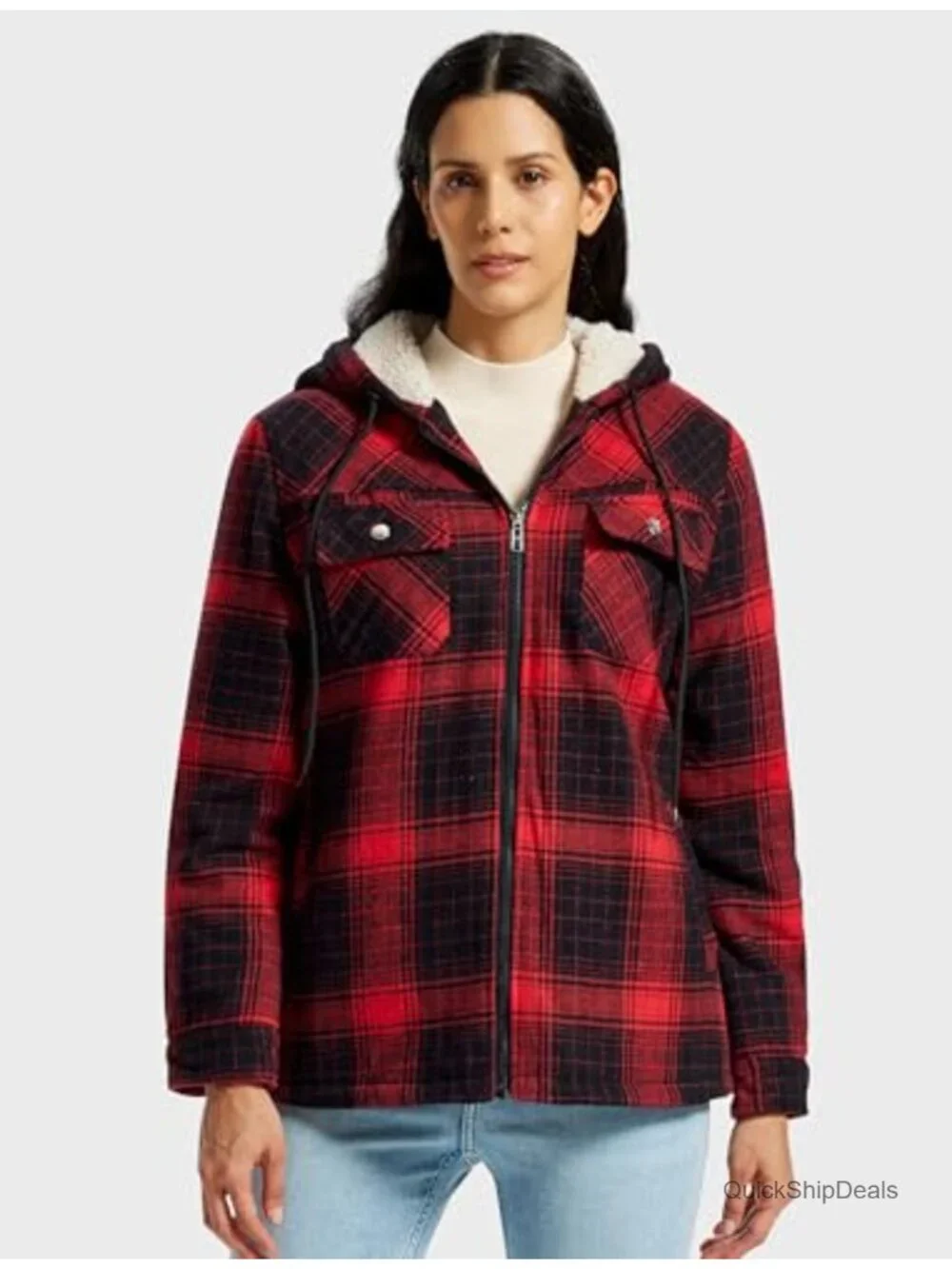 Women's Fleece Zip Up Hoodie Plaid Flannel Jacket With Pockets